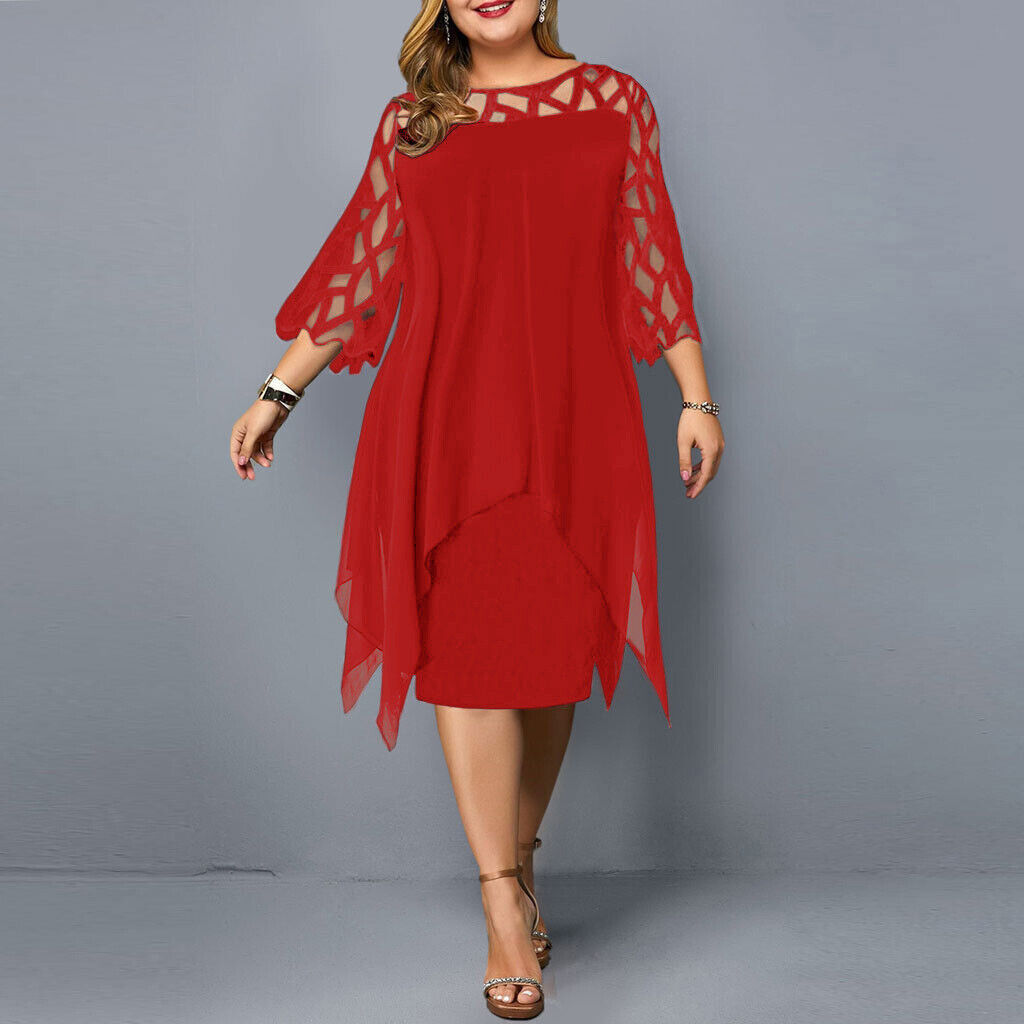 Sophisticated women's plus size midi dress, elegant with flattering lace sleeves.