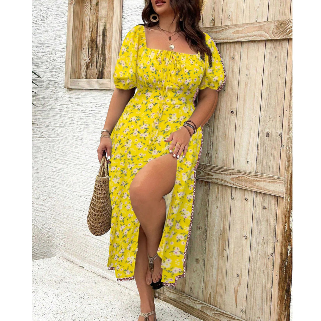 Curvy fashion: Elegant women's plus size puff sleeve maxi dress, a flowing formal evening gown.
