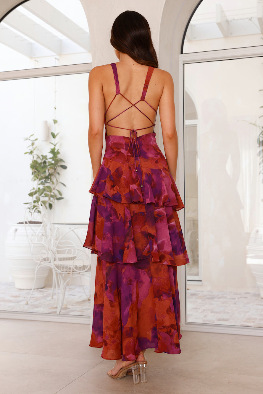 Beautiful printed V-neck ruffle tiered maxi dress, designed for women seeking formal party wear.