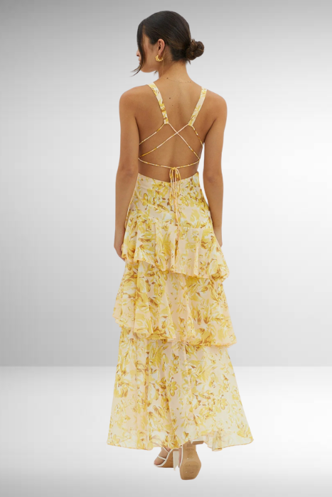 Classic printed V-neck ruffle tiered maxi dress for women, offering an elegant look for wedding events.