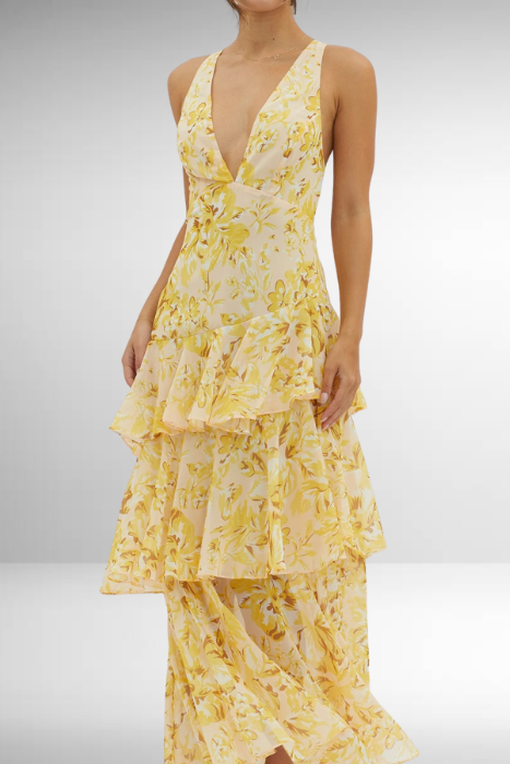 Modern printed V-neck maxi dress with delicate ruffle tiers, a stunning choice for women wedding guests.