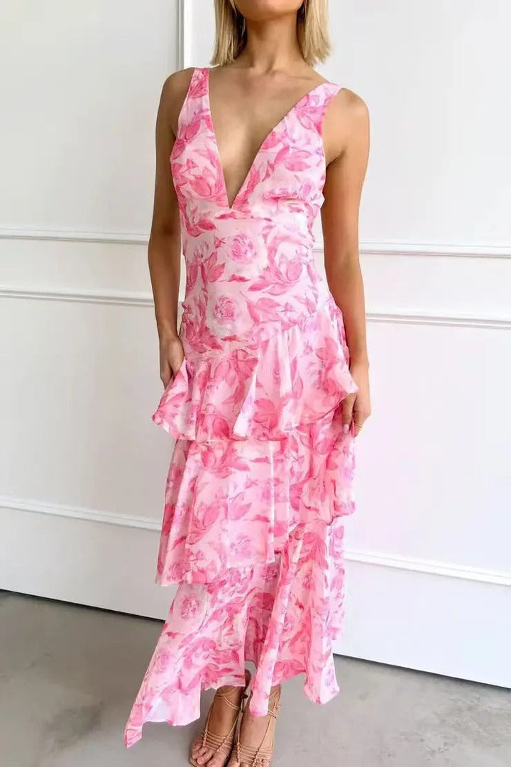 Stylish V-neck printed maxi wedding guest dress for women, featuring a beautiful ruffle tiered design.