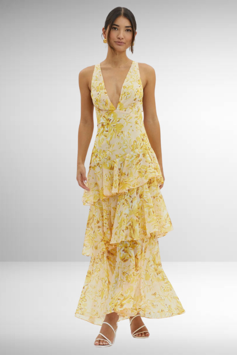 Chic printed V-neck ruffle tiered maxi dress, a perfect and comfortable option for women wedding guests.