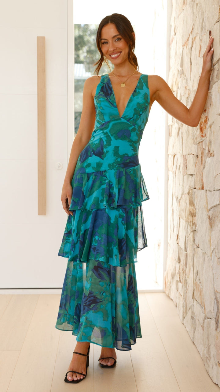 Women's spring fashion printed V-neck maxi dress with romantic ruffle tiers, ideal for formal parties.