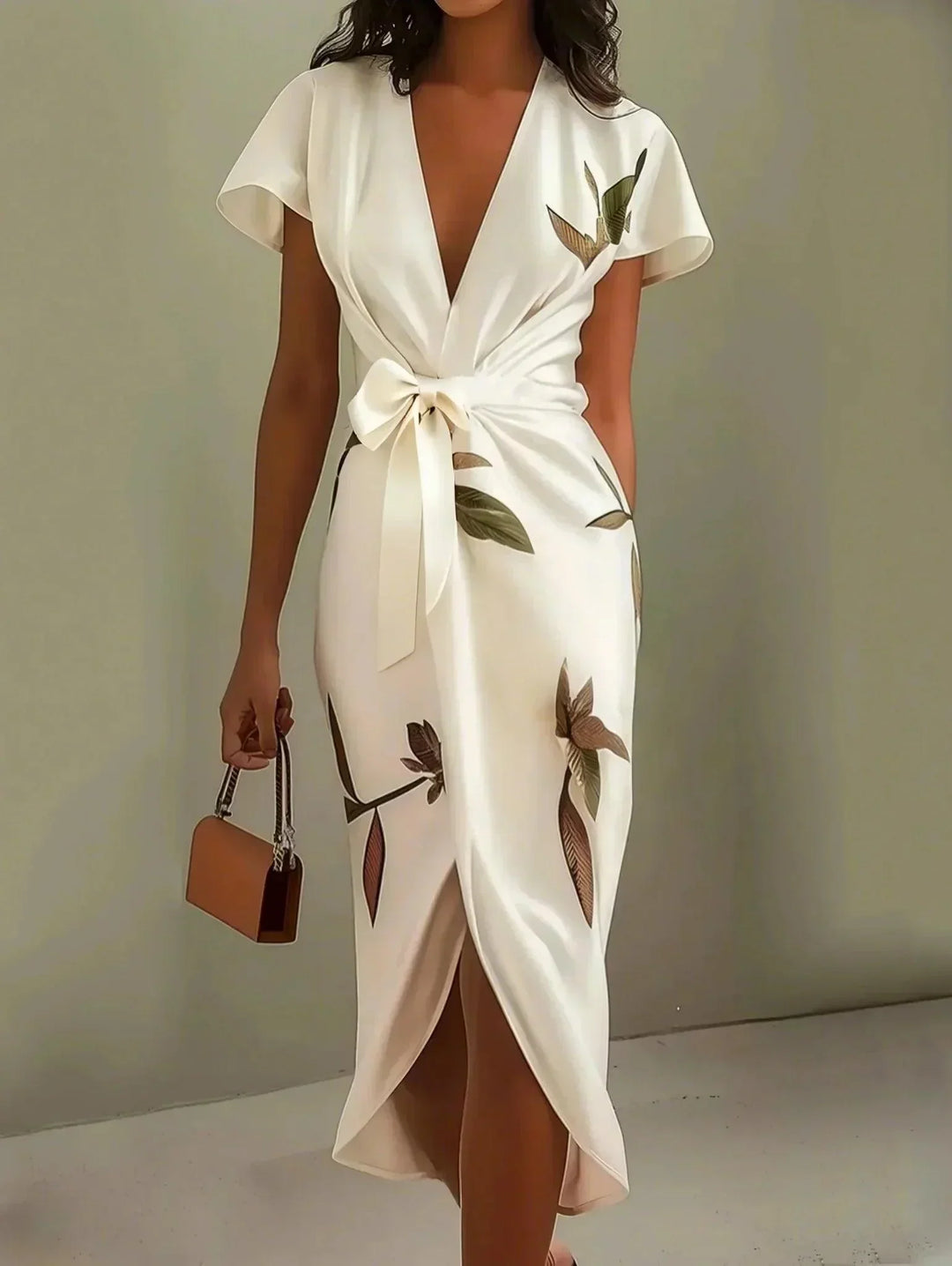 Elegant printed wrap midi dress for women, with tie waist and V-neck, perfect for summer/spring.