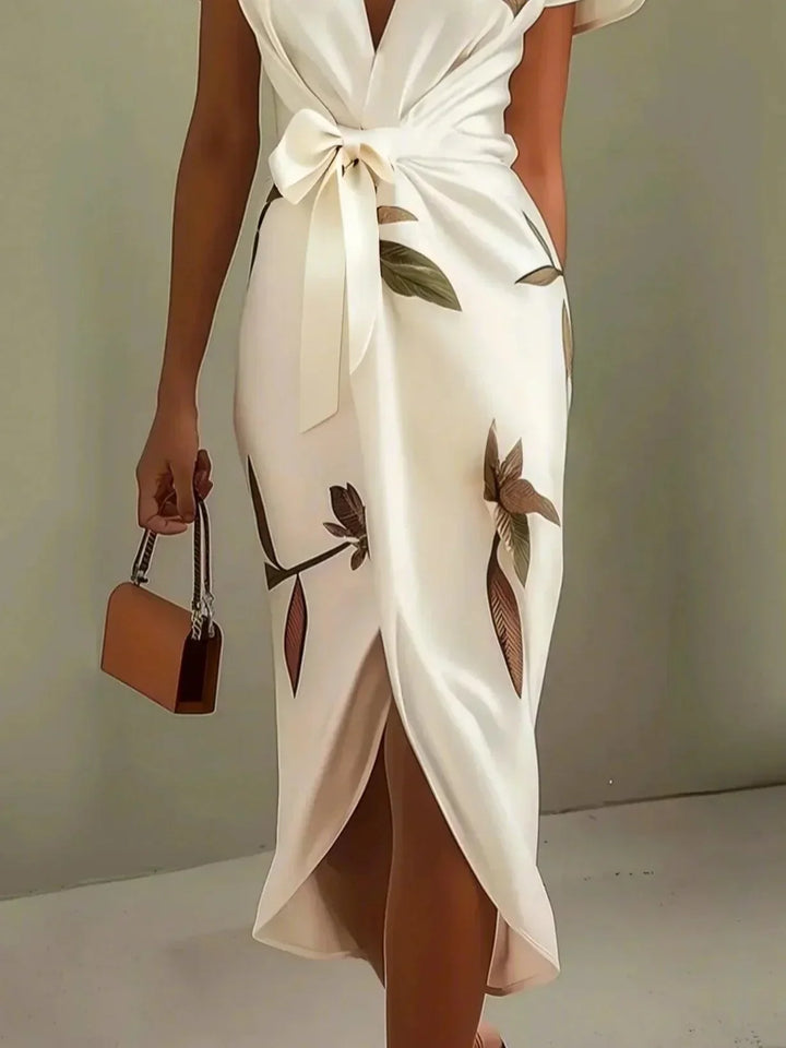 Versatile elegant printed wrap midi dress for women, great for casual outings or evening events.