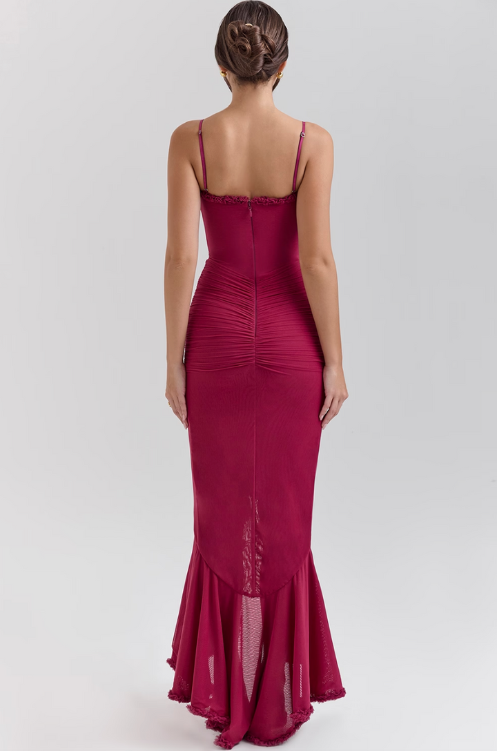 Elegant wedding guest ruffle maxi dress, a romantic long sleeve gown for special occasions.
