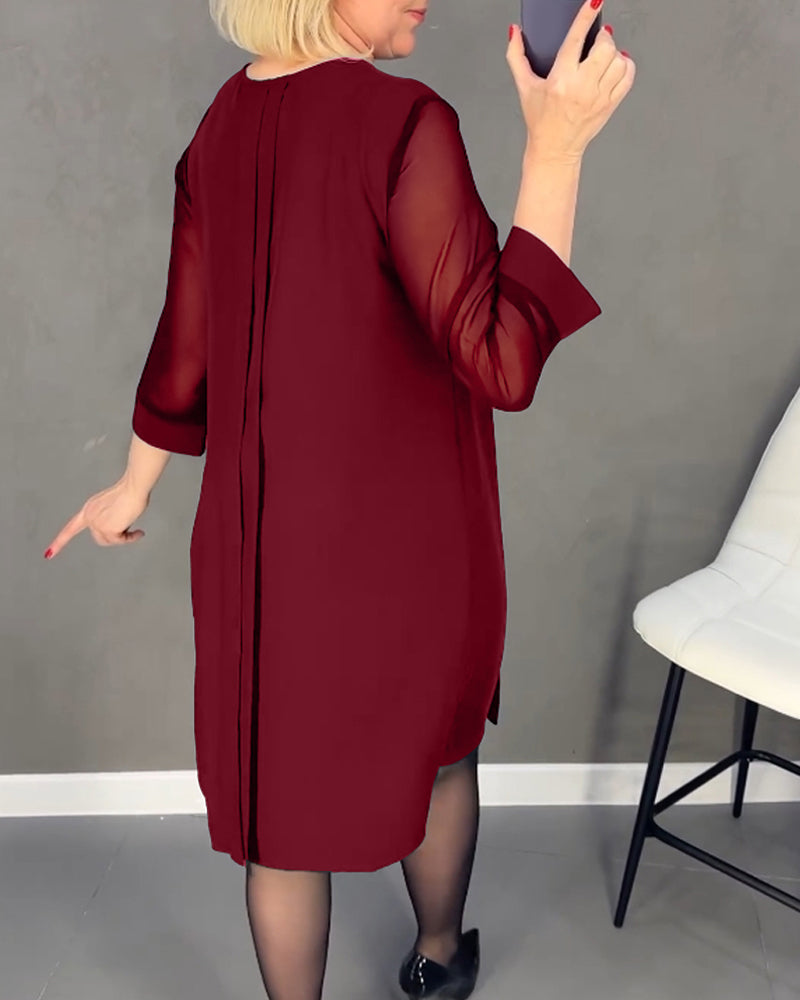 Chic long sleeve shift dress for women, knee-length, with elegant mesh panels, perfect for versatile styling.