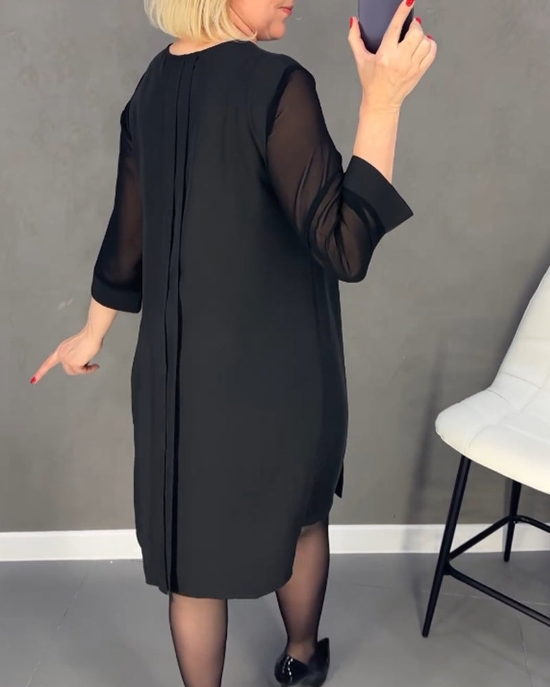 Stylish women's knee-length shift dress, elegant with mesh accents & long sleeves, a fall fashion must-have.