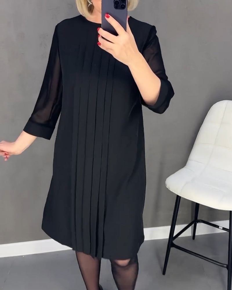 Chic women's shift dress, long sleeve with elegant mesh panels, perfect for office, cocktail, or versatile wear.