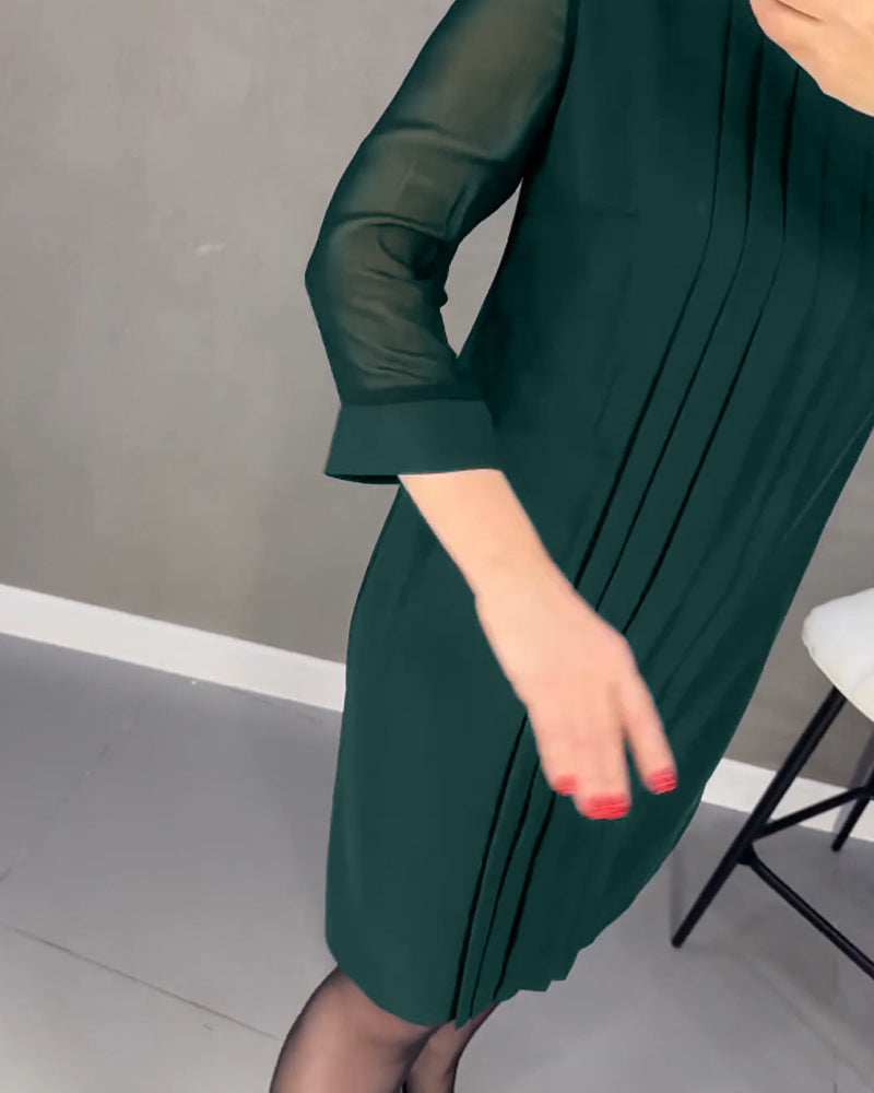 Stylish long sleeve shift dress for women, elegant mesh panel details, perfect for office, cocktail, or casual wear.