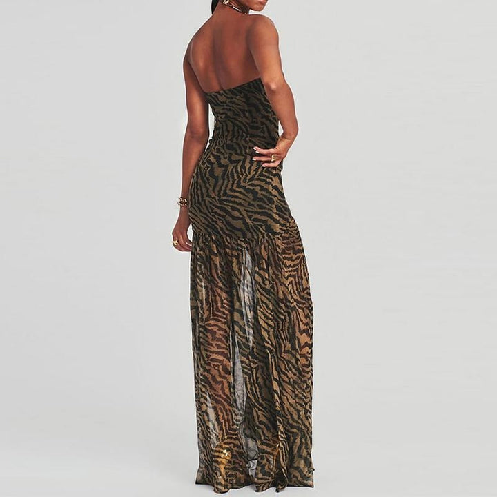 Women's chic strapless animal print chiffon maxi dress, featuring a high front slit for elegant movement