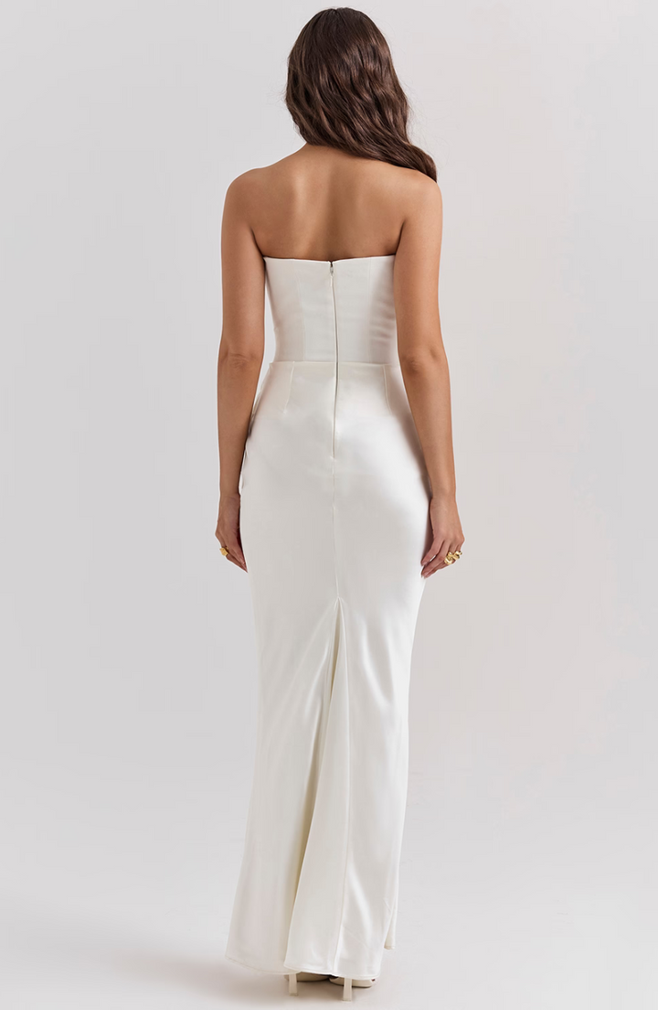 Classic black (or other color) strapless corset maxi dress, perfect for a formal wedding guest.