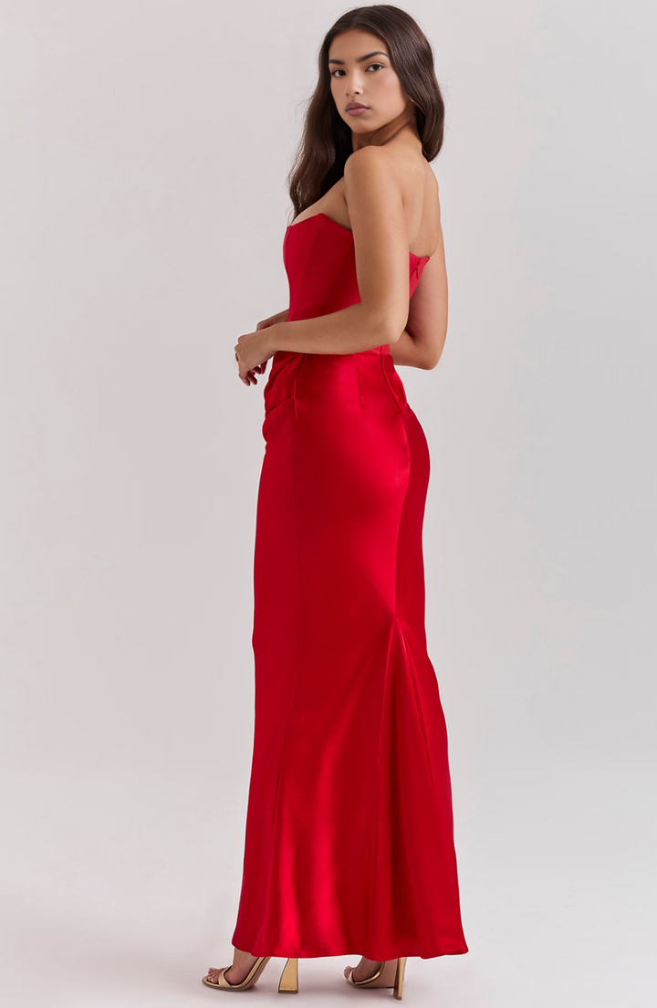 Women's sophisticated strapless corset maxi dress, the ultimate wedding guest and gala attire.