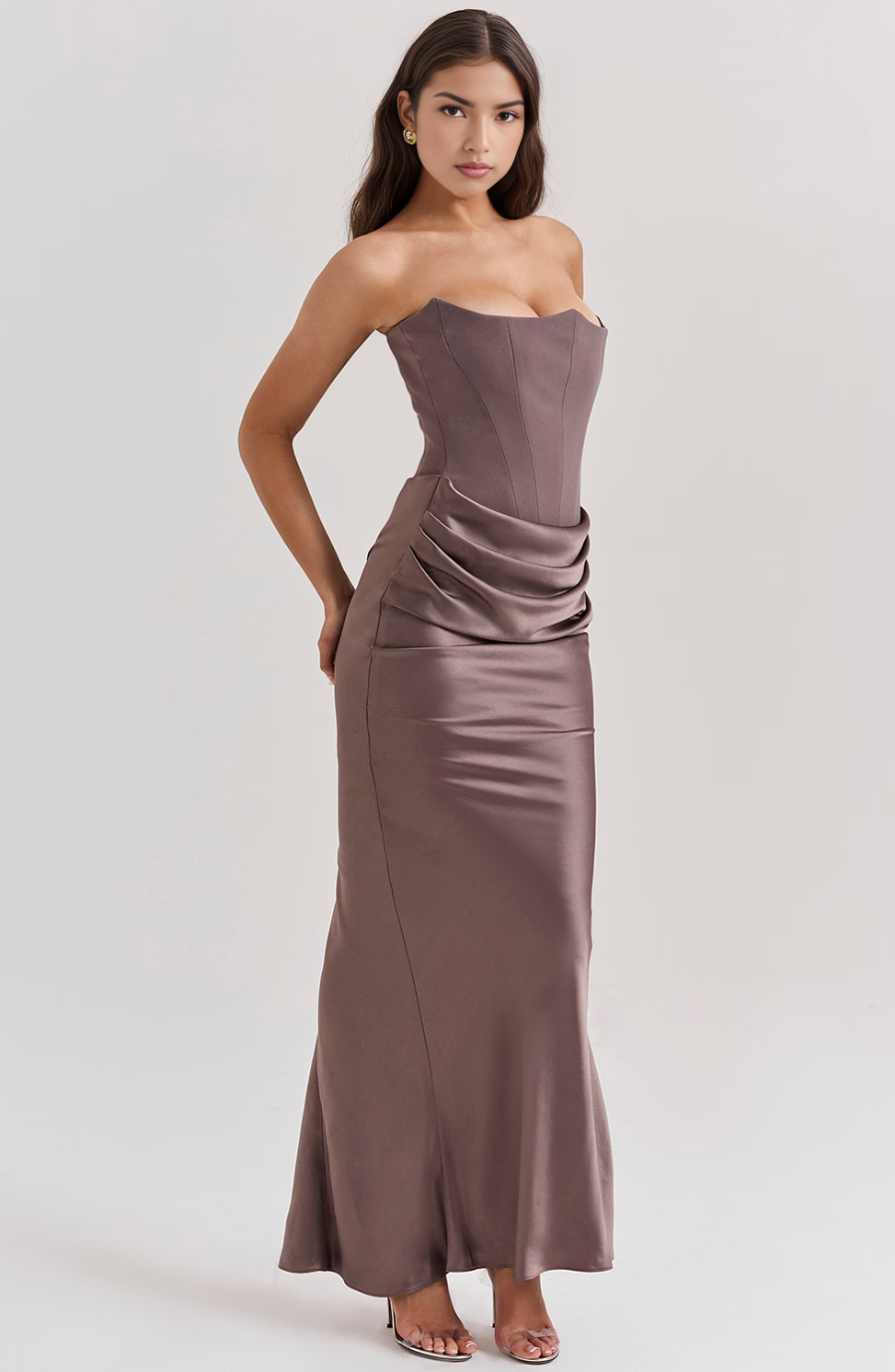 Party-ready strapless corset maxi dress, perfect for evening celebrations and special events.