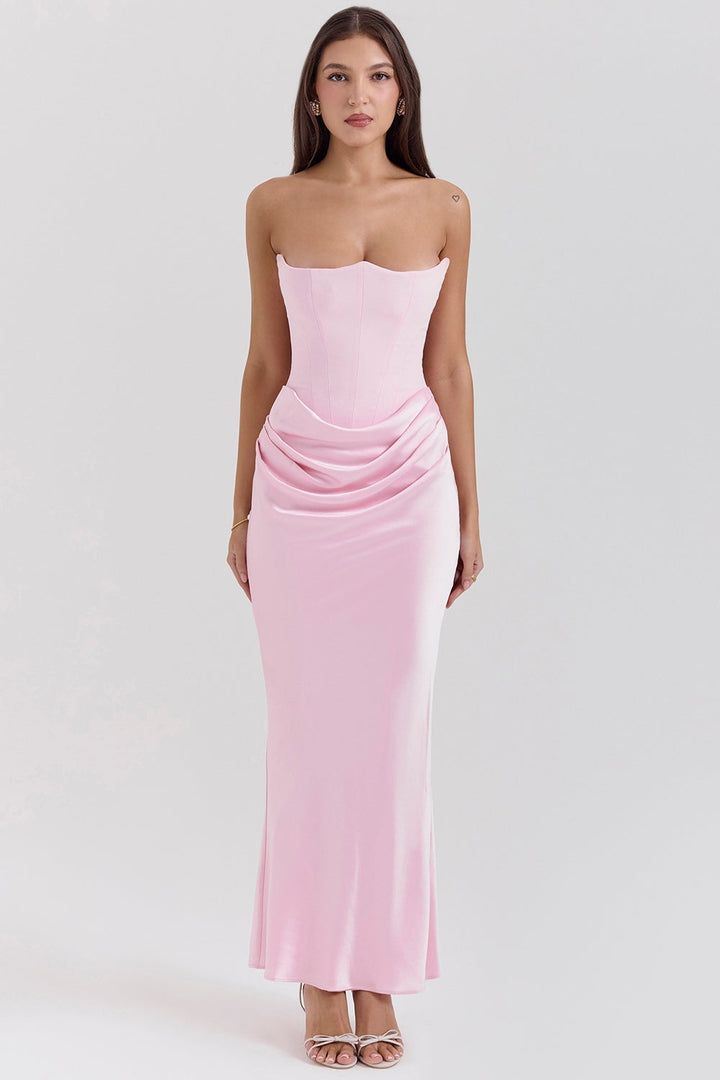 Long elegant strapless dress, ideal formal wear for women's events.