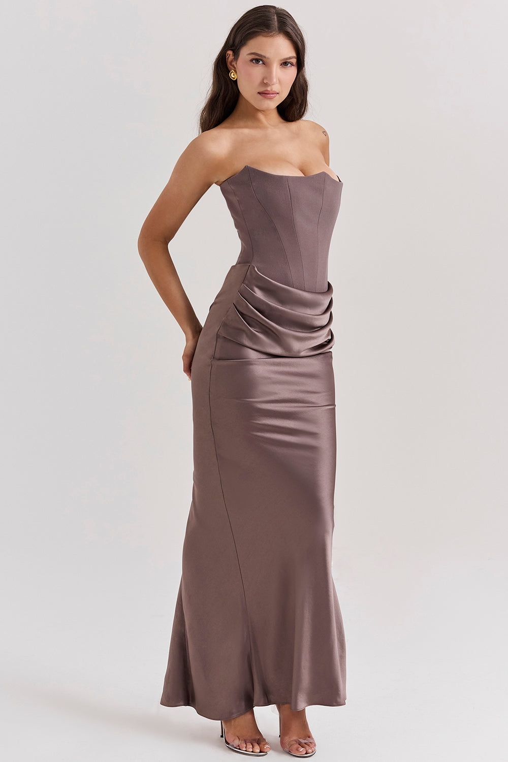 Comfortable strapless evening gown, a stylish wedding guest maxi dress.