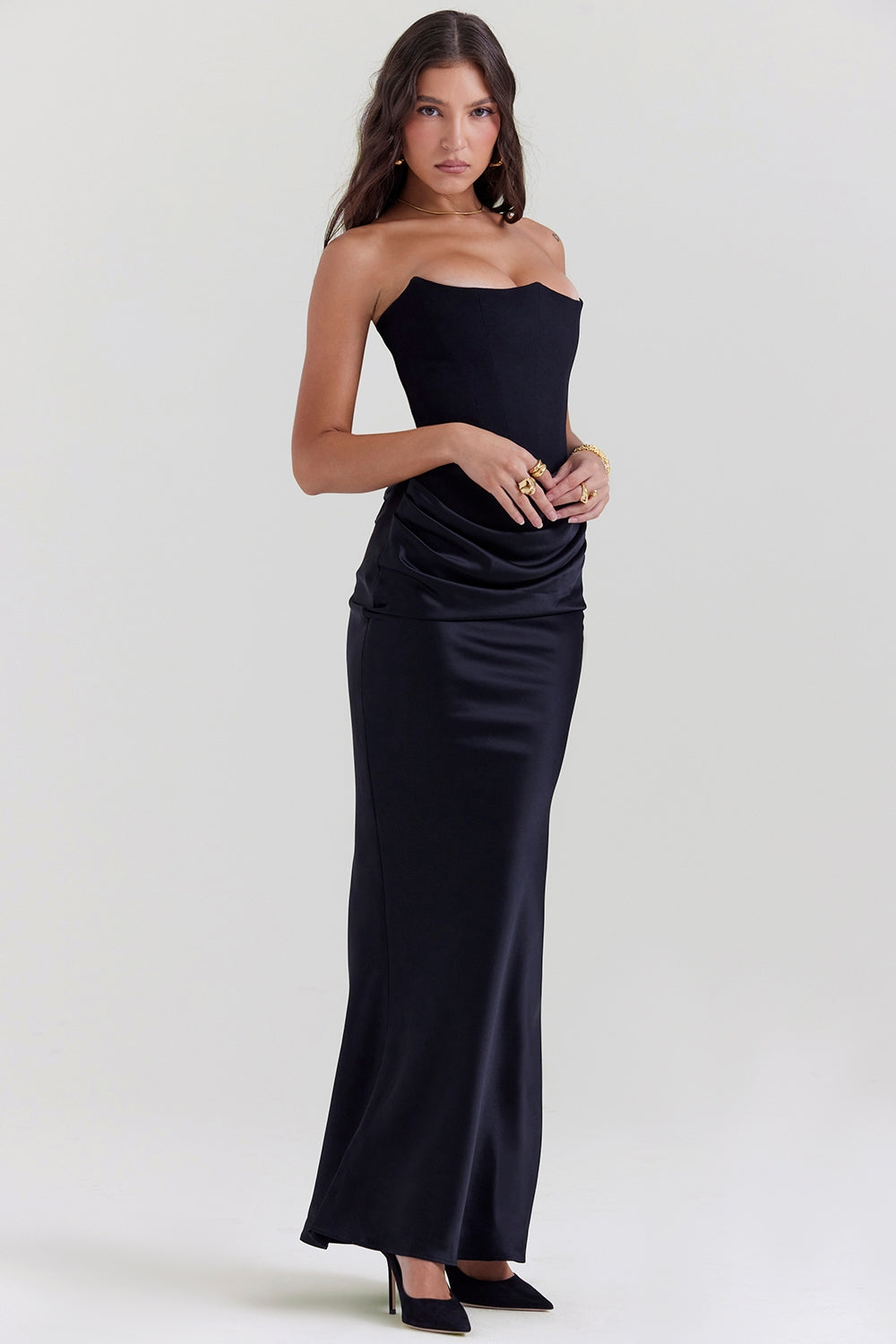 Women's formal strapless maxi dress, perfect for wedding guest attire.