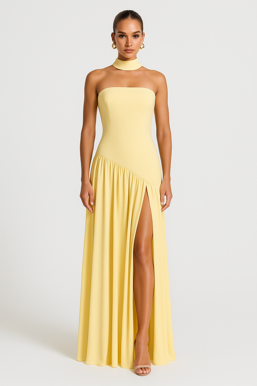 Elegant strapless yellow maxi dress for women with a side slit, perfect for formal evening events and parties