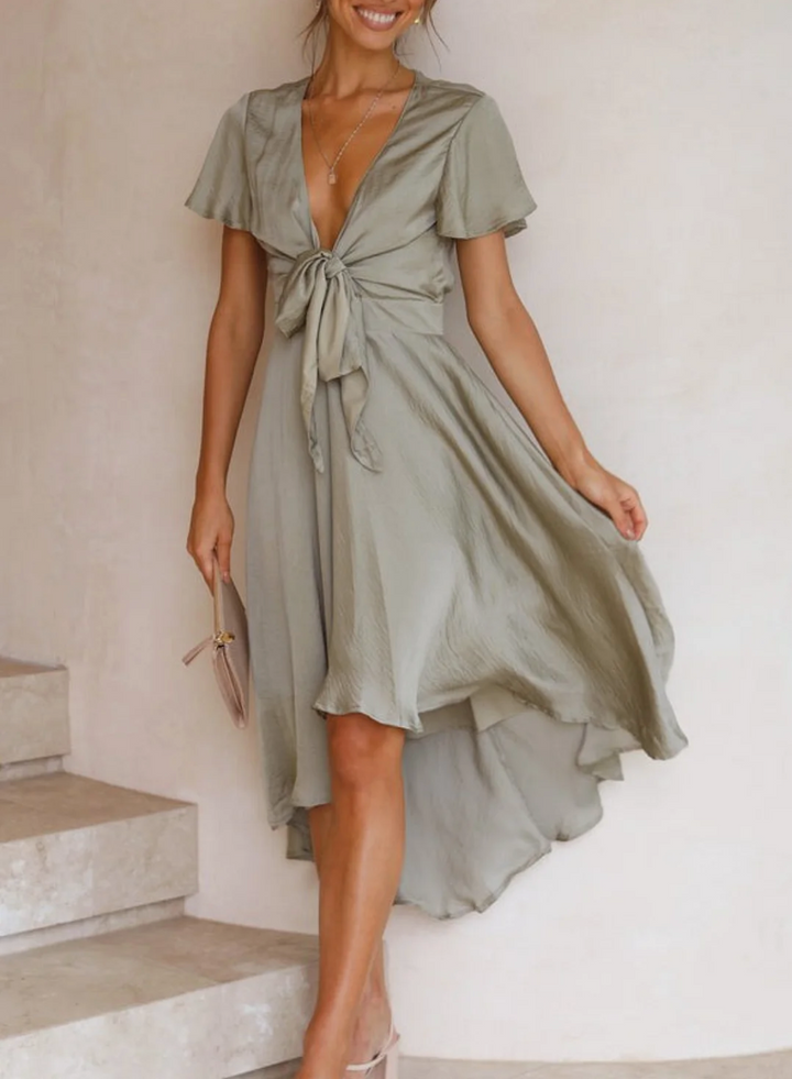 Elegant Amira women's summer midi dress, lightweight & flattering with short sleeves, perfect for parties or vacation.