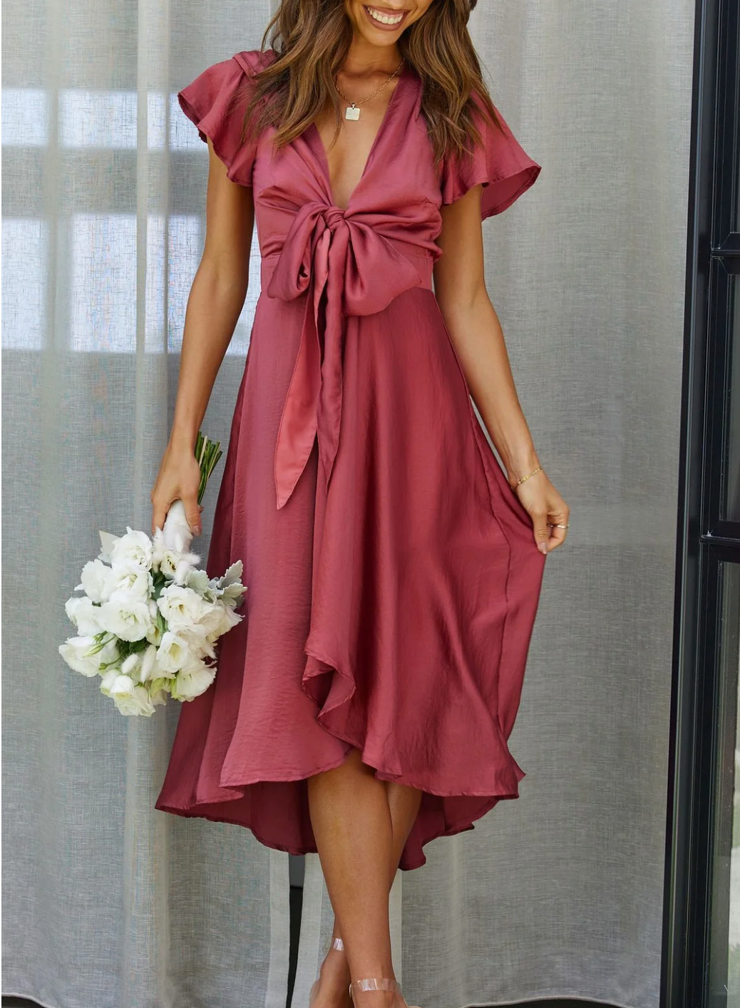 Flowy Amira women's summer midi dress for casual, party, or beach; comfortable & versatile with short sleeves.