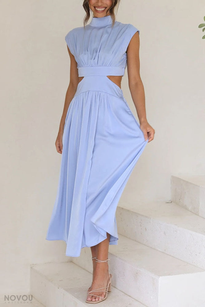 Summer elegant women's midi dress, sleeveless with a striking waist cut-out detail.