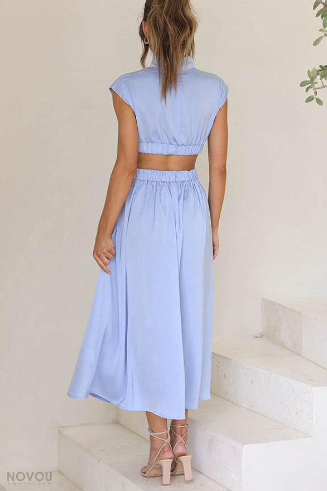 Women's casual chic midi dress, elegant with a stand neck & fashionable waist cut-out.