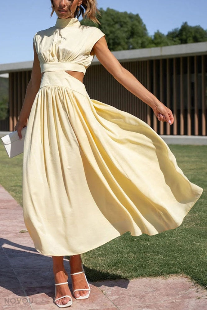 Avelina elegant midi dress for women, sleeveless, stand neck, and a flattering cut-out.