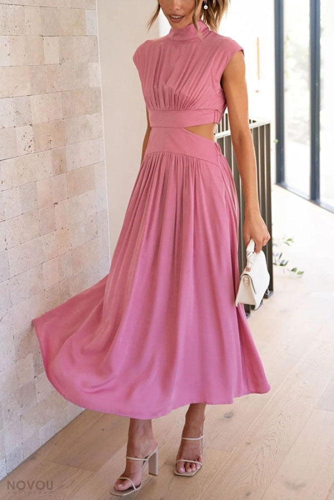 Chic women's summer midi dress with an elegant waist cut-out and flattering design.