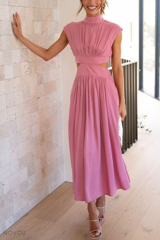 Avelina elegant women's midi dress, perfect for summer events, with a waist cut-out.