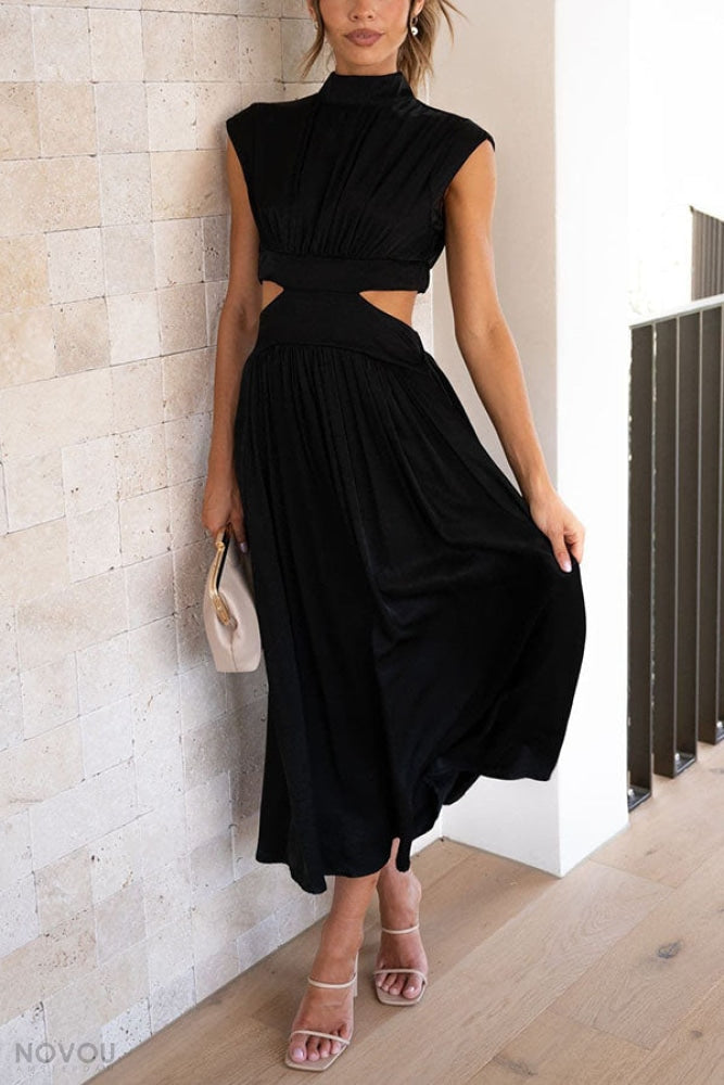 Chic summer midi dress with a unique waist cut-out detail, ideal for beach vacations.