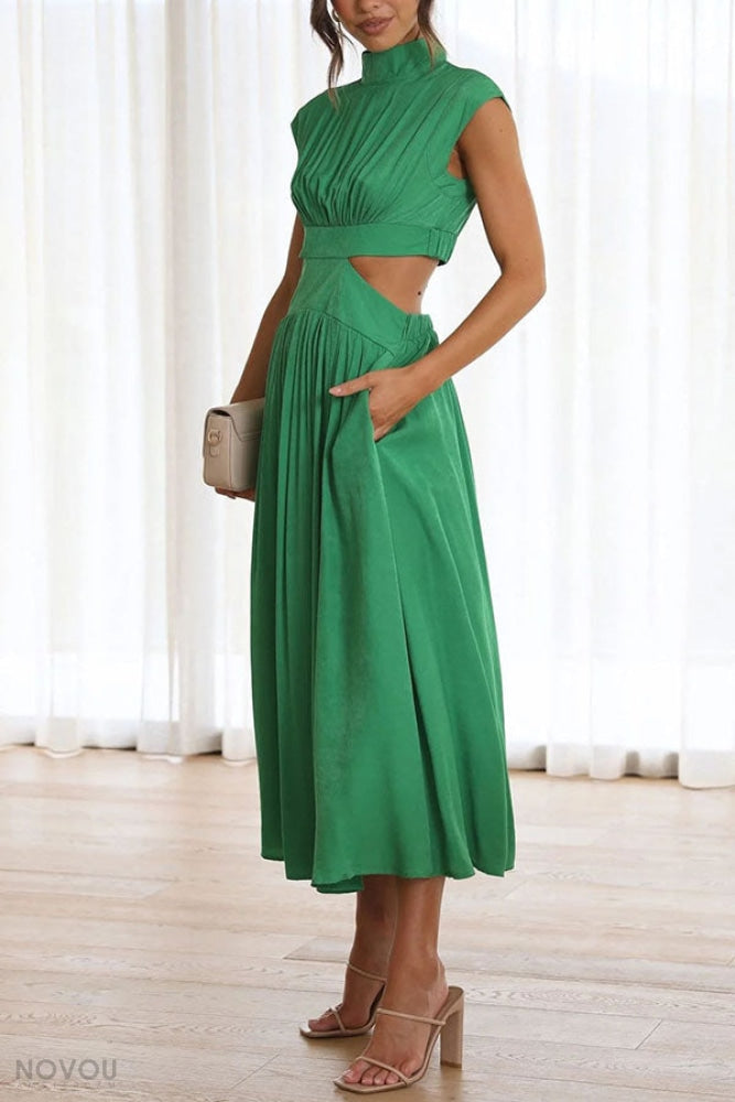 Avelina women's midi dress, elegant summer wear with a chic waist cut-out & stand neck.