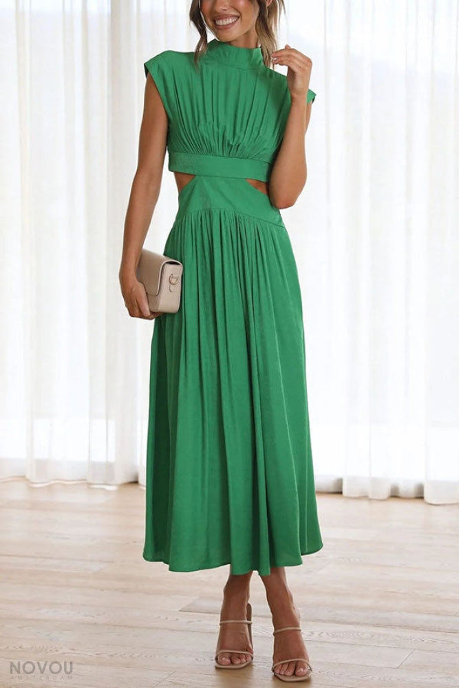 Stylish women's midi dress for summer, featuring a chic waist cut-out & stand neck.
