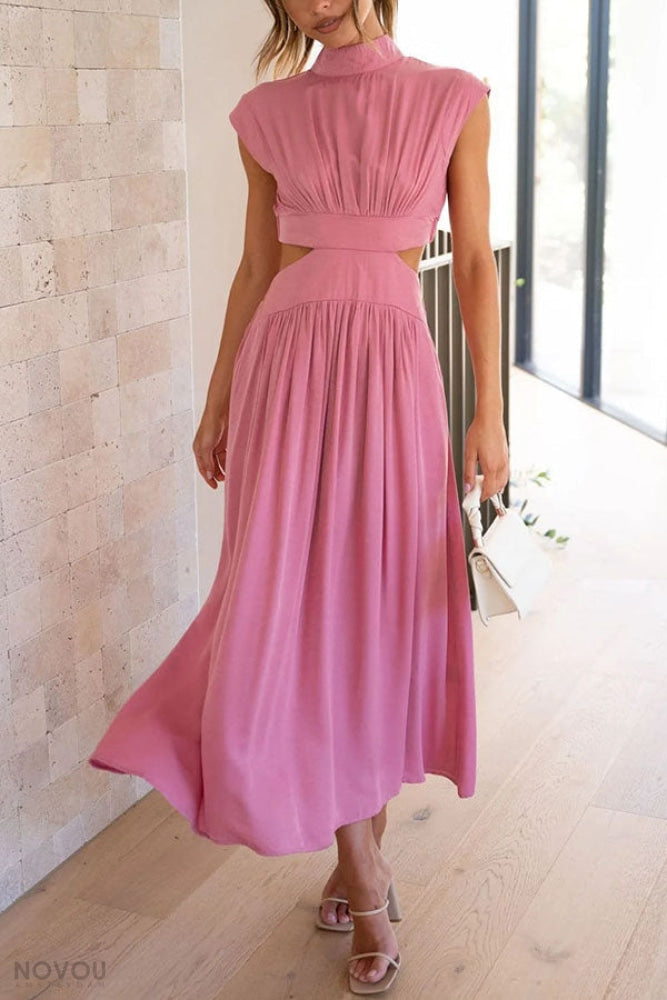 Elegant women's party midi dress, cut-out waist, and stand neck for a sophisticated look.