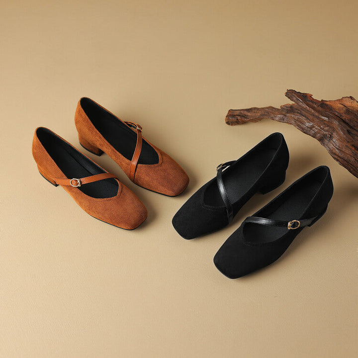 Sophisticated tan suede buckle strap block heel pumps, a must-have for women's elegant shoe collection.