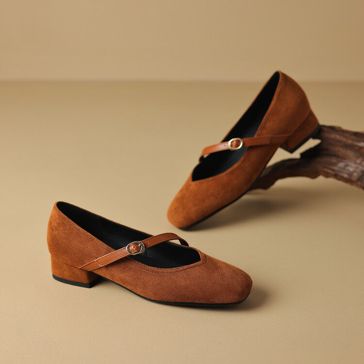 Side view of a comfortable black suede block heel pump for women, suitable for dress shoes.
