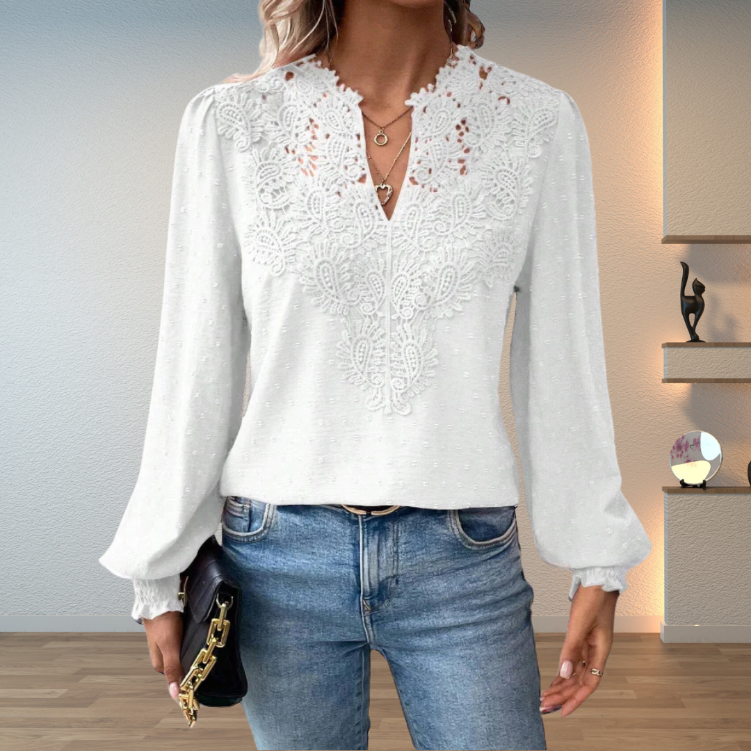 Terracotta elegant lace blouse, women's lightweight long sleeve top. V-neck for a stylish, versatile look.