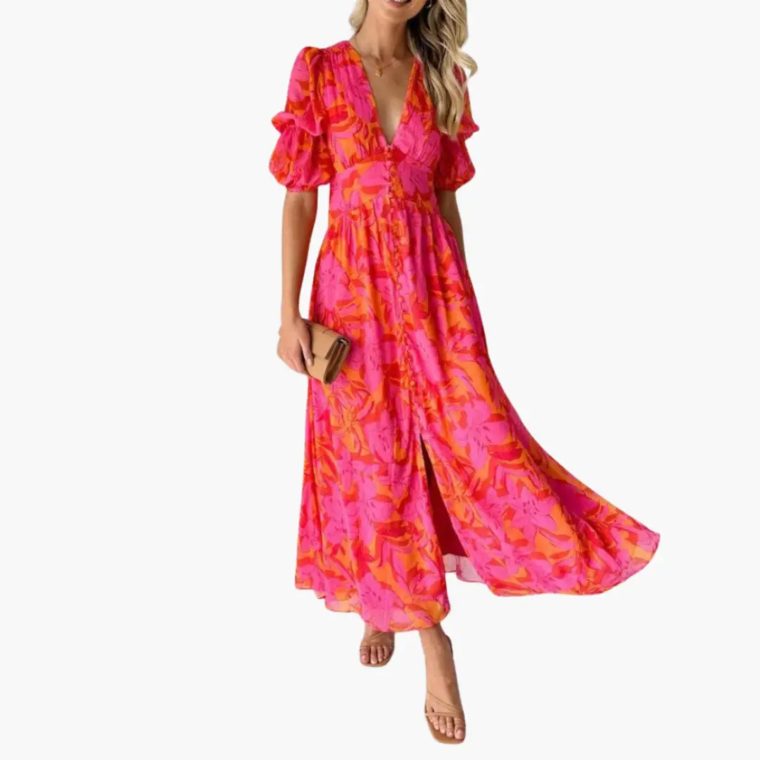 Elegant V-neck maxi dress for women, featuring chic puff sleeves. Ideal for summer parties, events, or stylish casual wear.