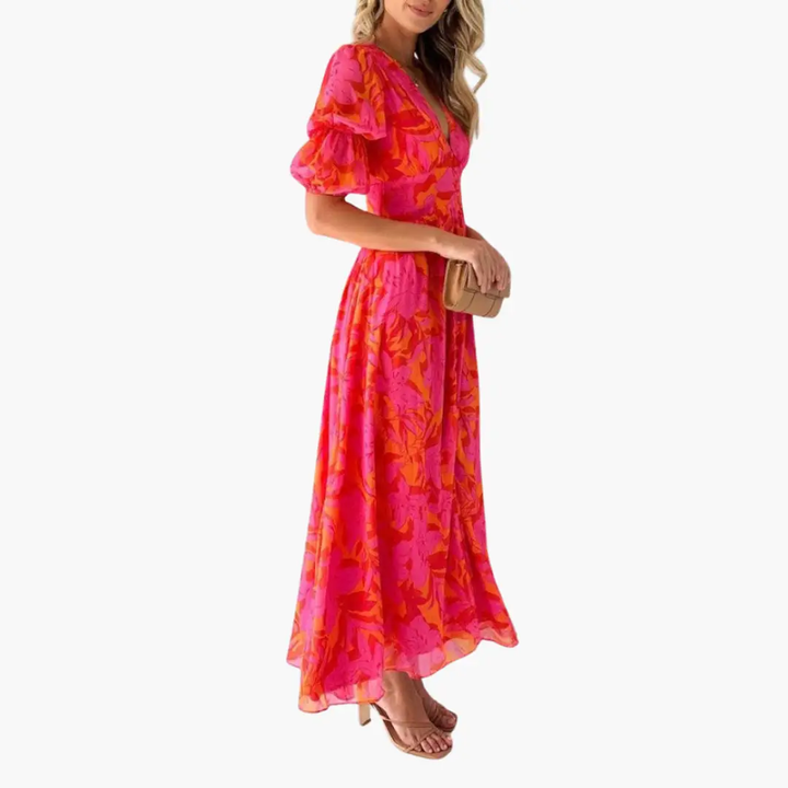 Women's long elegant dress with a flattering V-neck and stylish puff sleeves. Perfect party or event wear fashion.