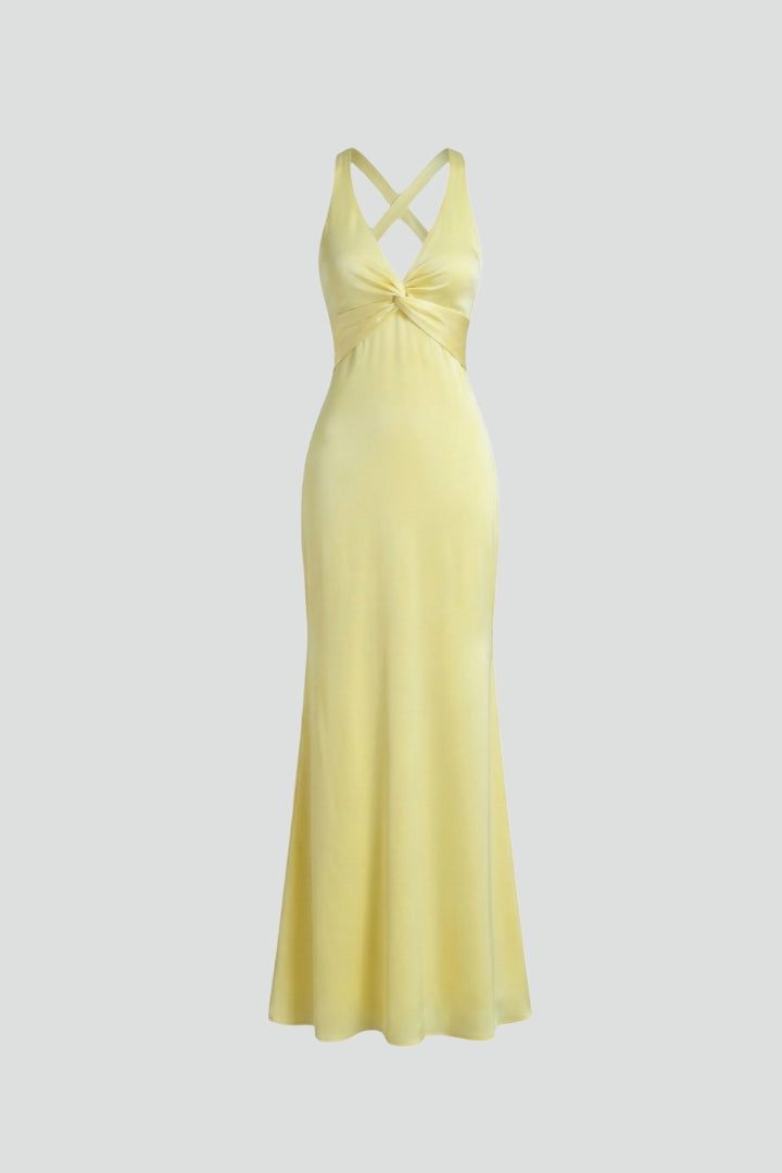 Elegant V-neck maxi dress for women, sleeveless, with a flattering fitted waist, perfect for summer.