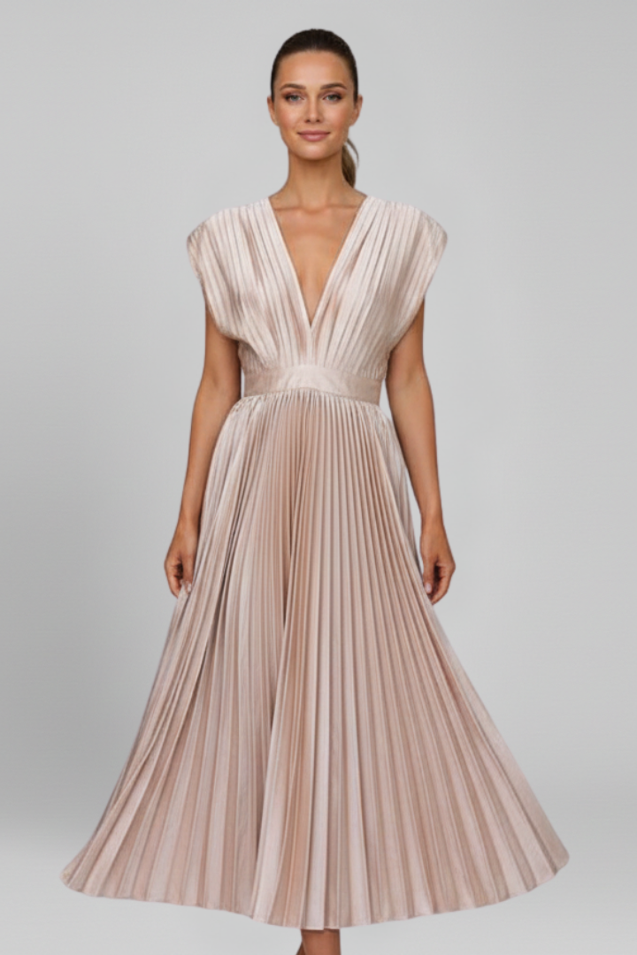 Women's sophisticated V-neck sleeveless midi dress with elegant pleats for formal occasions.