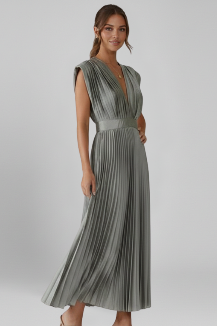 Formal women's midi dress, elegant V-neck with beautiful pleats, an excellent choice for occasion wear.