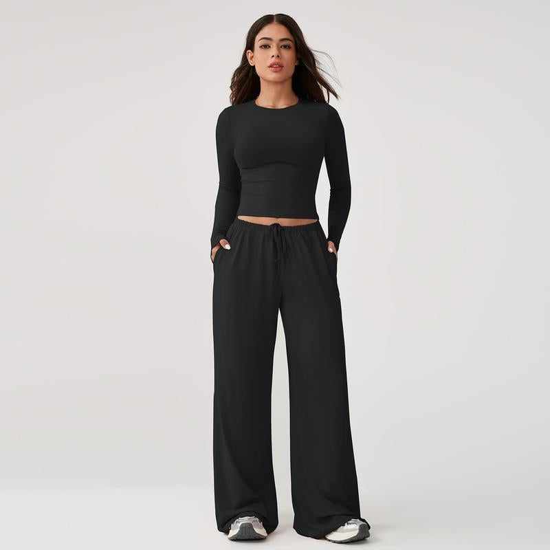 Elegant Valdora women's lounge set, comfortable long sleeve top & wide leg pants, perfect for home wear