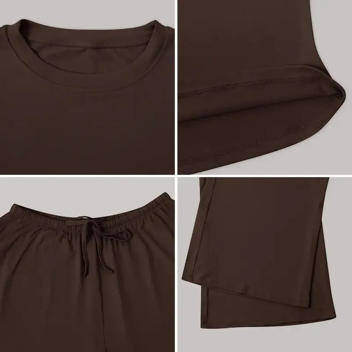 Flat lay of the Valdora lounge set: long sleeve top and wide leg pants, ideal for casual chic comfort