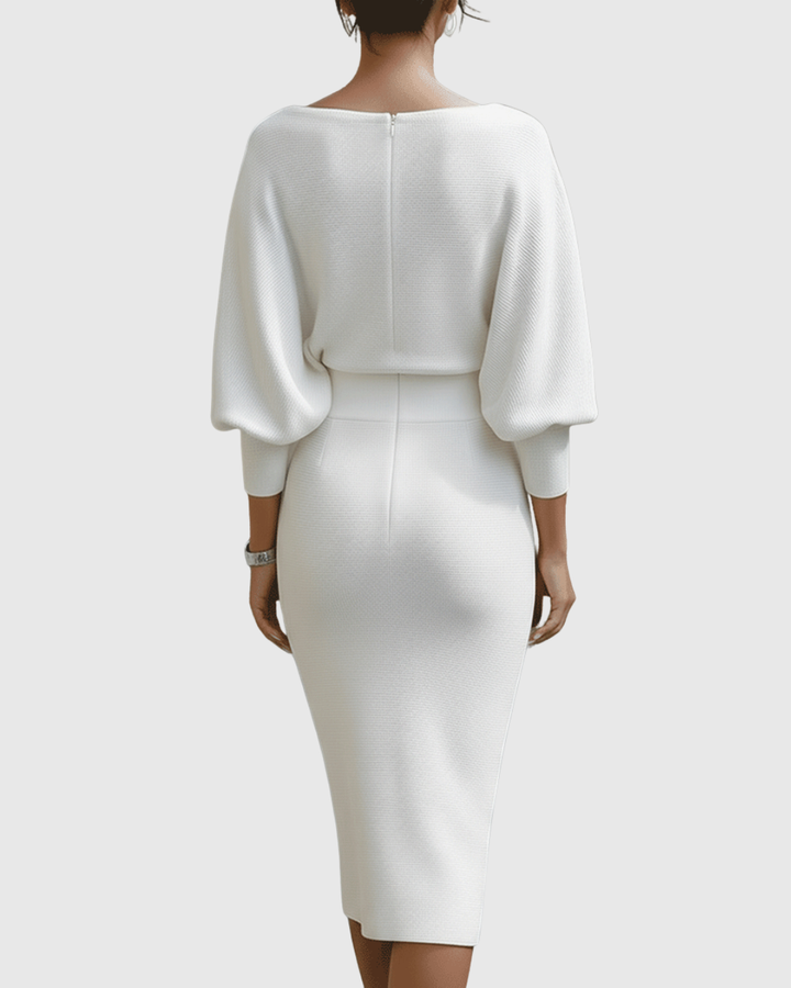 White draped batwing long sleeve midi dress for women, an elegant choice for any occasion.