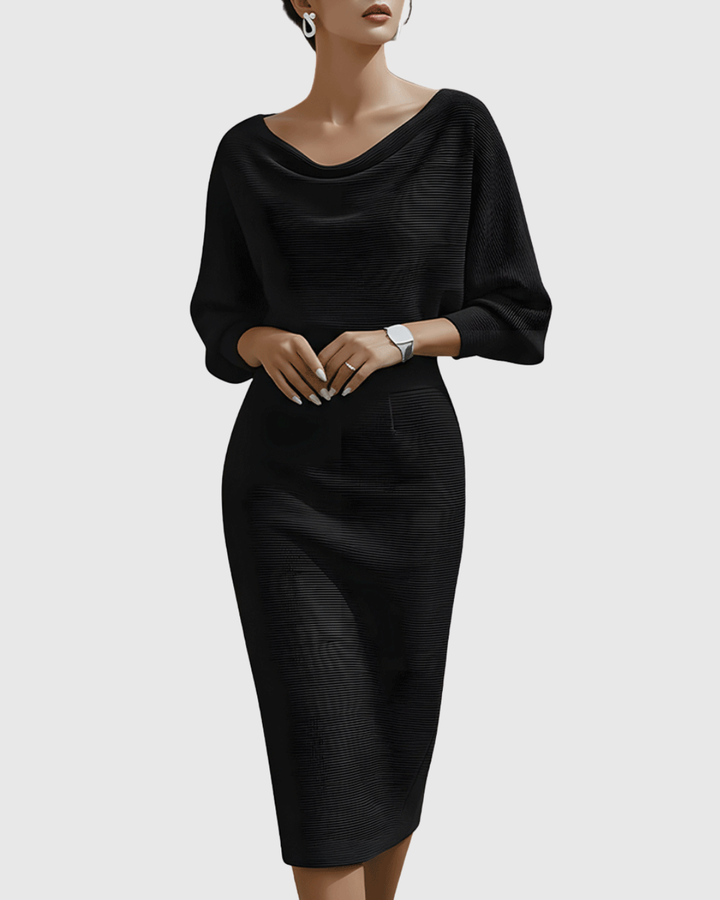 Sophisticated white batwing midi dress for women, featuring elegant drapes and long sleeves.