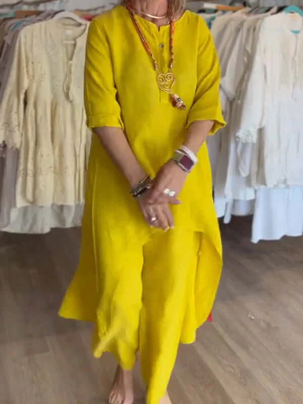 Comfortable women's pant suit set, relaxed fit & elegant design for summer fashion, office casual, and stylish wear.