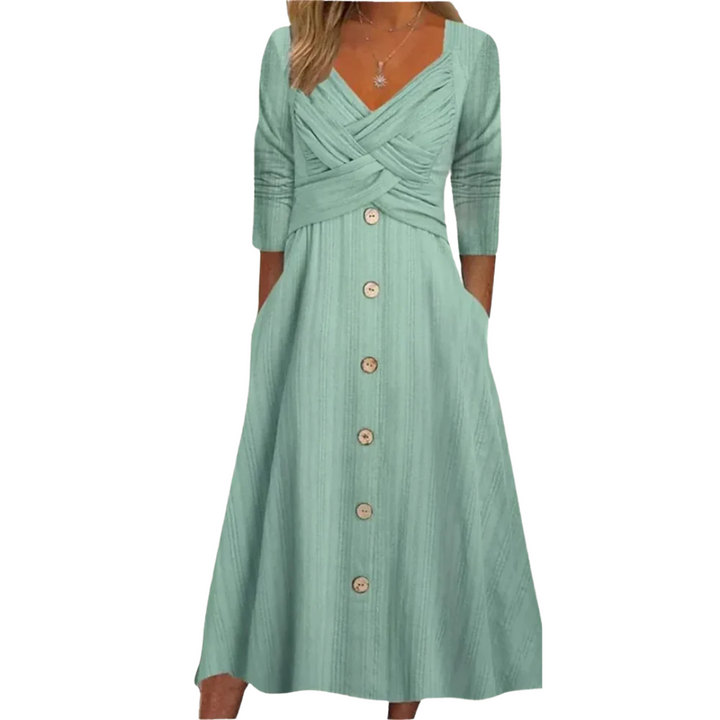 Elegant women's A-line midi dress with square neck & button-down. Tummy coverage & versatile for casual chic.