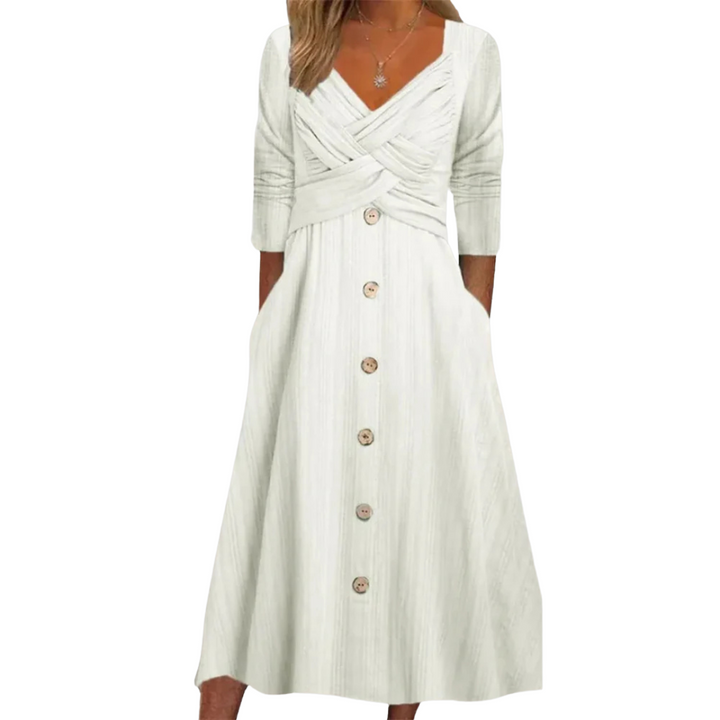 Women's elegant square neck midi dress, button-down front. A-line design offers stylish tummy coverage for summer fashion.