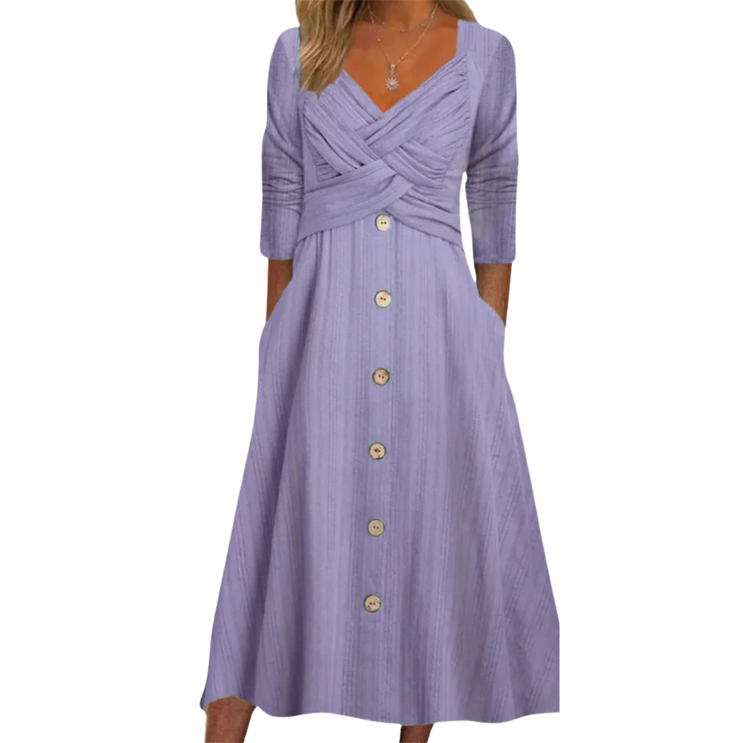 Casual chic women's midi dress, comfortable A-line style. Elegant square neck & button details. Provides excellent tummy coverage.